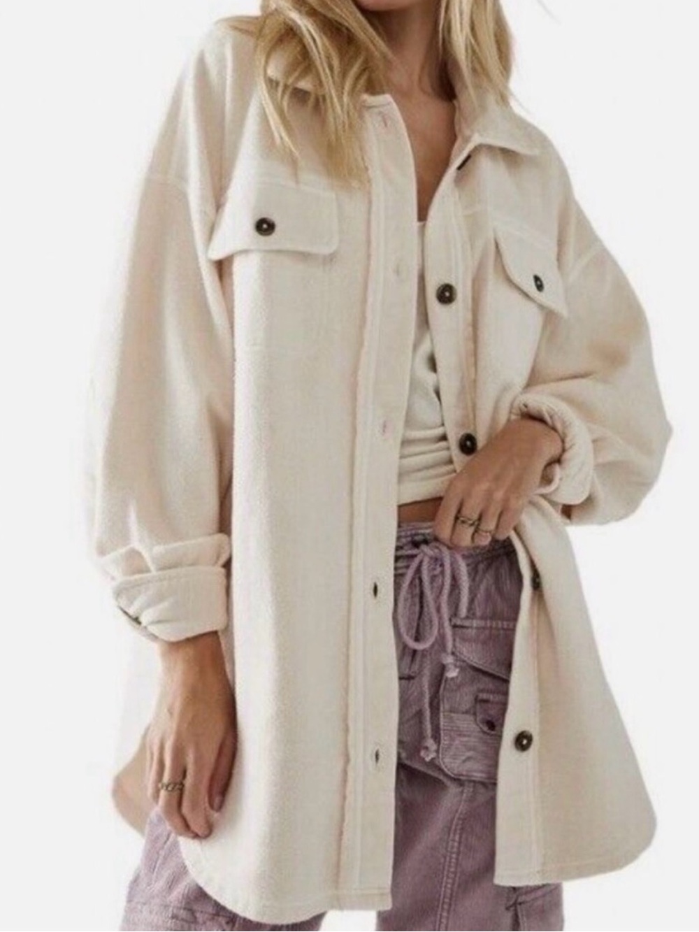 Free People “Ruby” Cream Button-Down Oversized Utility Shacket Jacket